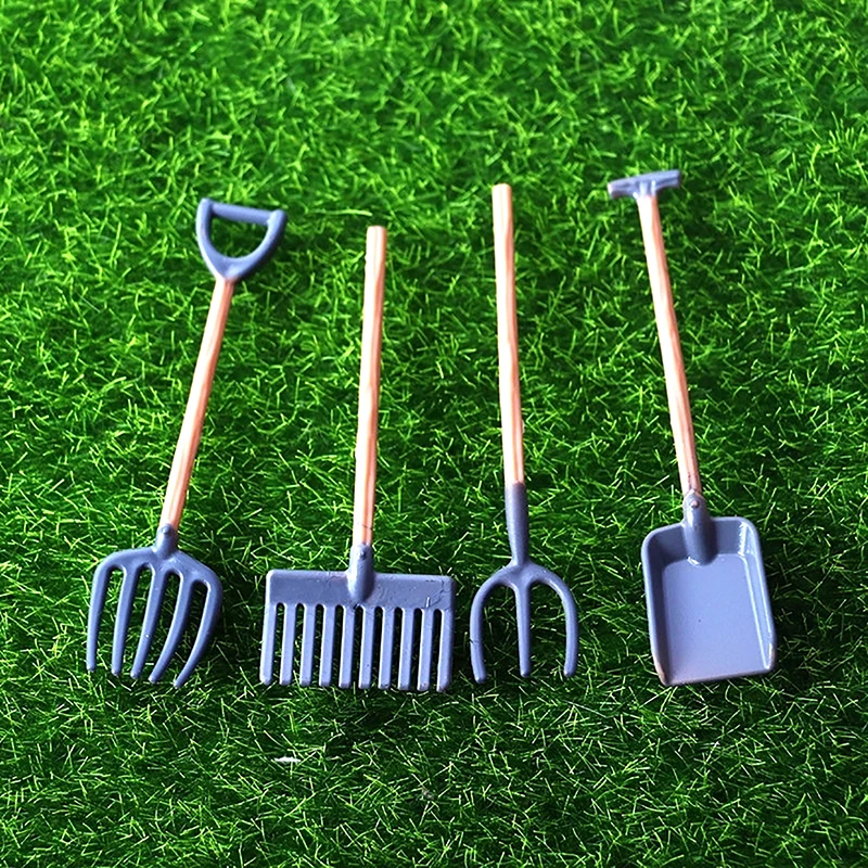 Mini Plastic Dollhouse Miniature Gardening Tool Shovel Rake Hoes Model Farm Decor Toy Doll House Accessories Kids Gift 4Pc