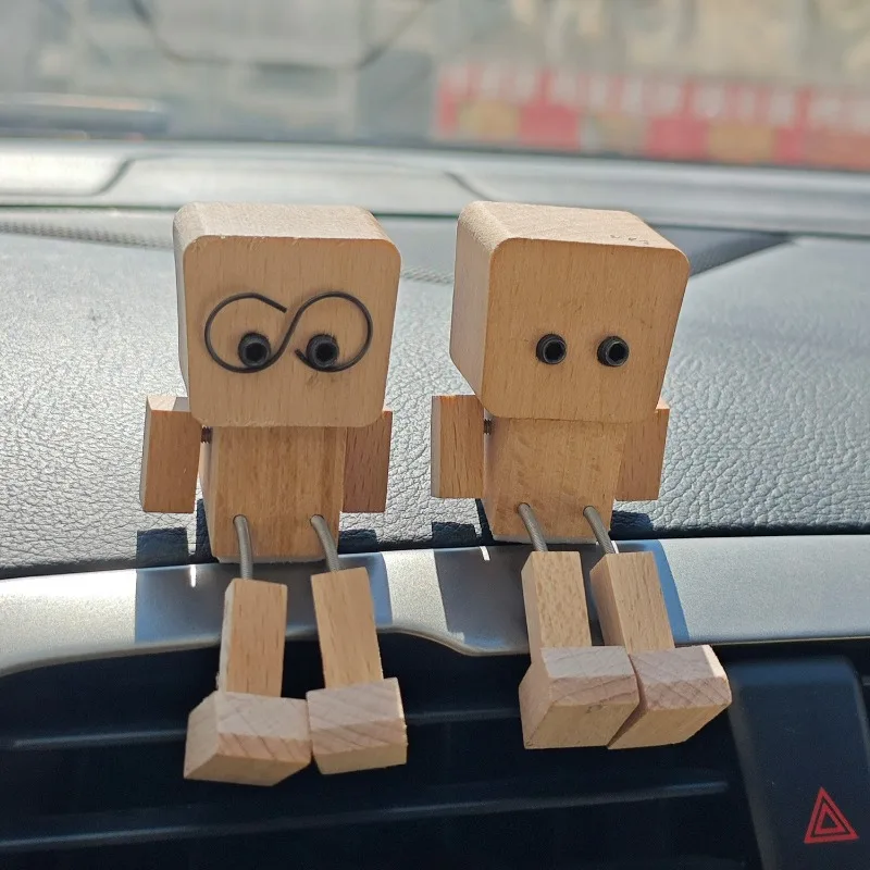 Shaking Wooden Man Figurine Handmade Shaking Feet Wooden Doll Car Dashboard Desktop Decoration Ornament Vehicle Interior Gift