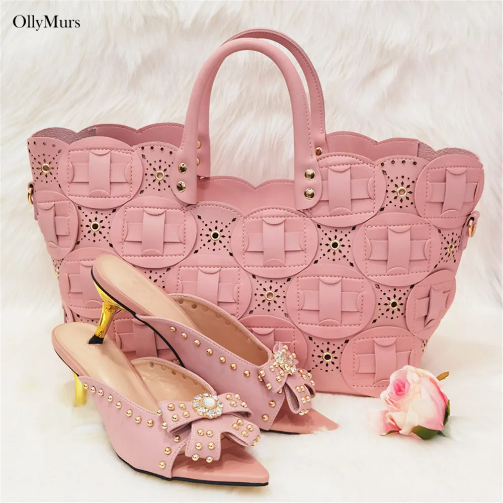 

High Quality Italian Style PU With Rivet Ladies Shoes And Bag Set Elegant High Heels 6.5CM Shoes And Bag Set For Party