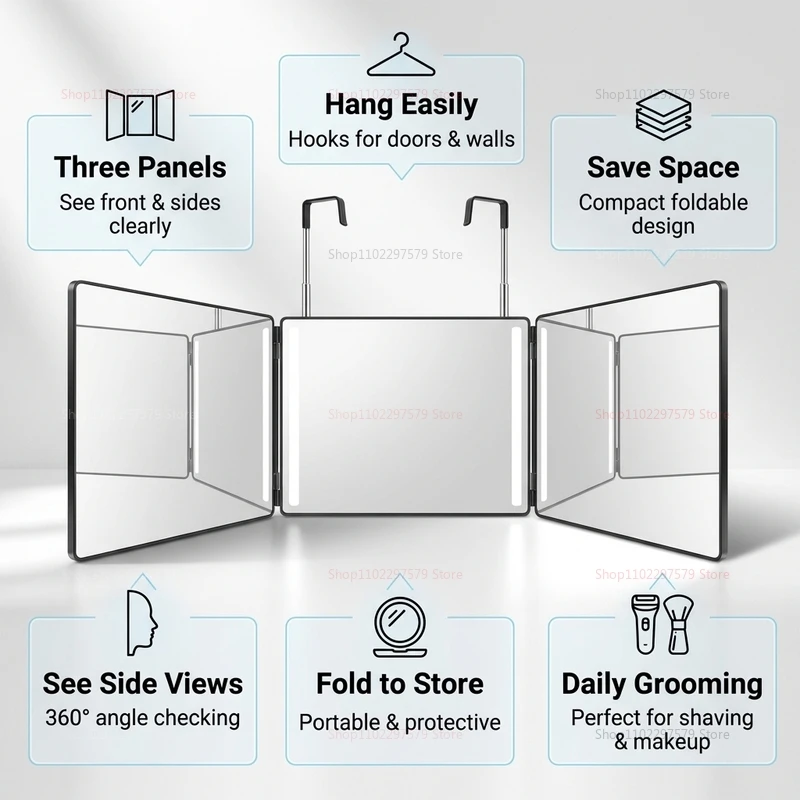 S 트래블 포터블 360 °   높이 조절 가능한 텔레스코핑 후크가 있는 삼면 접이식 화장 거울, 접이식 메이크업 및 헤어 스타일링 거울