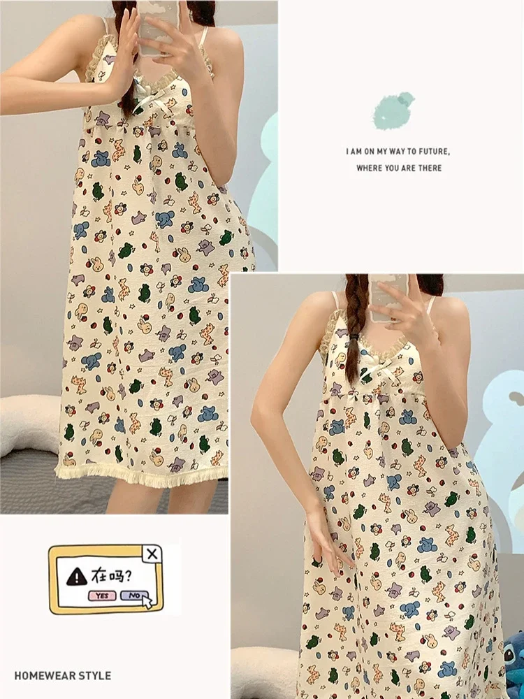 5XL Plus Size Summer Sweet Sleepwear Women Sleeveless Sleep Dress with Cheat Pad Cartoon Nightgown Teenage Student Loose Pajamas