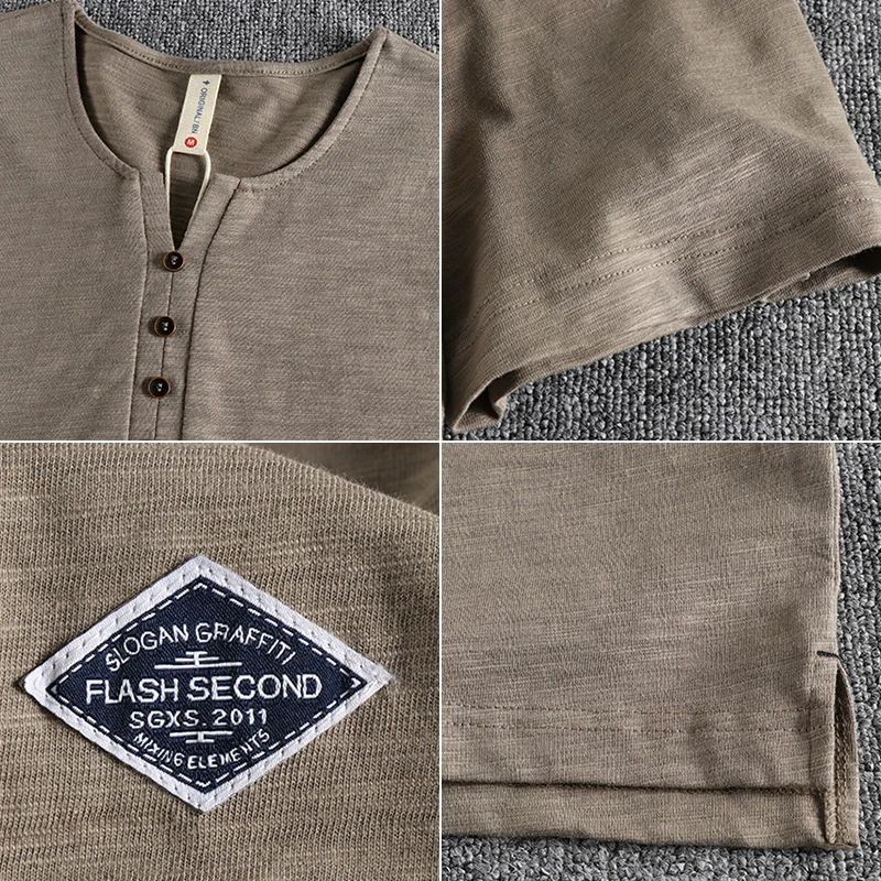 Vintage Bamboo Cotton Breathable Cool Short Sleeve Men's T-Shirt with Personality Button-Down Design