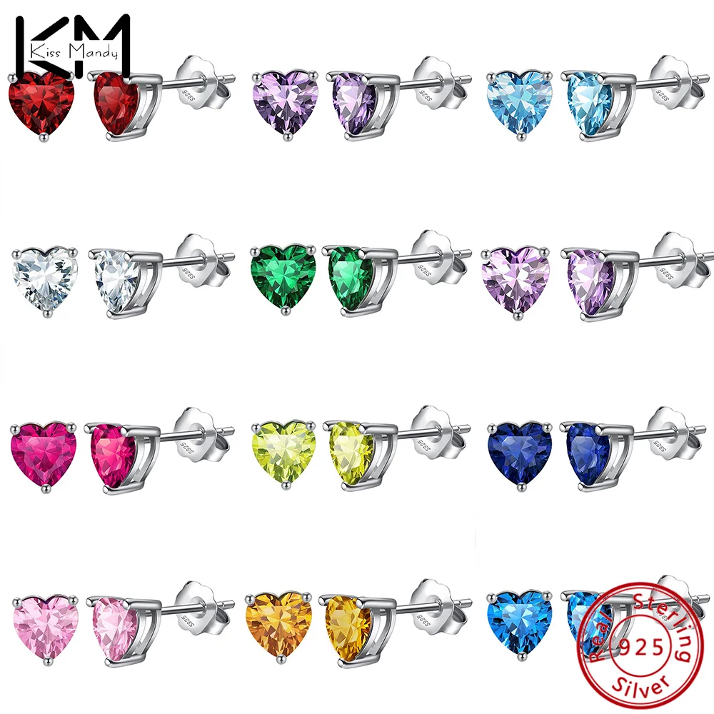 

KISS MANDY Authentic 925 Sterling Silver Various Colors Available Cubic Zirconia Love Heart Stud Earrings For Women Girls APE32