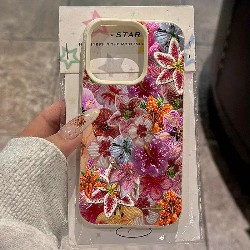 Luxurious Beaded Flower Lychee Texture Phone Case - Silicone Soft Cover