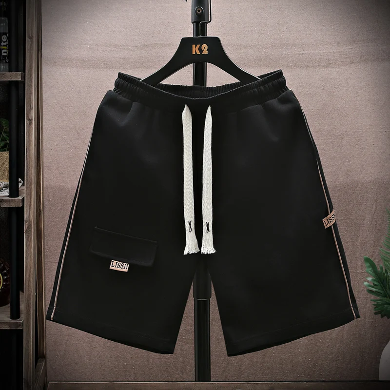 Fashion Elastic Lace Up Spliced Straight Casual Shorts Men's Clothing 2024 Summer Loose High Waist Solid Color Knee Beach Shorts