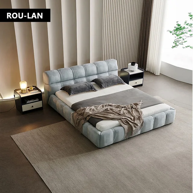 Lit en tissu minimaliste moderne, chambre principale moderne, lit double de luxe léger et minimaliste italien 1