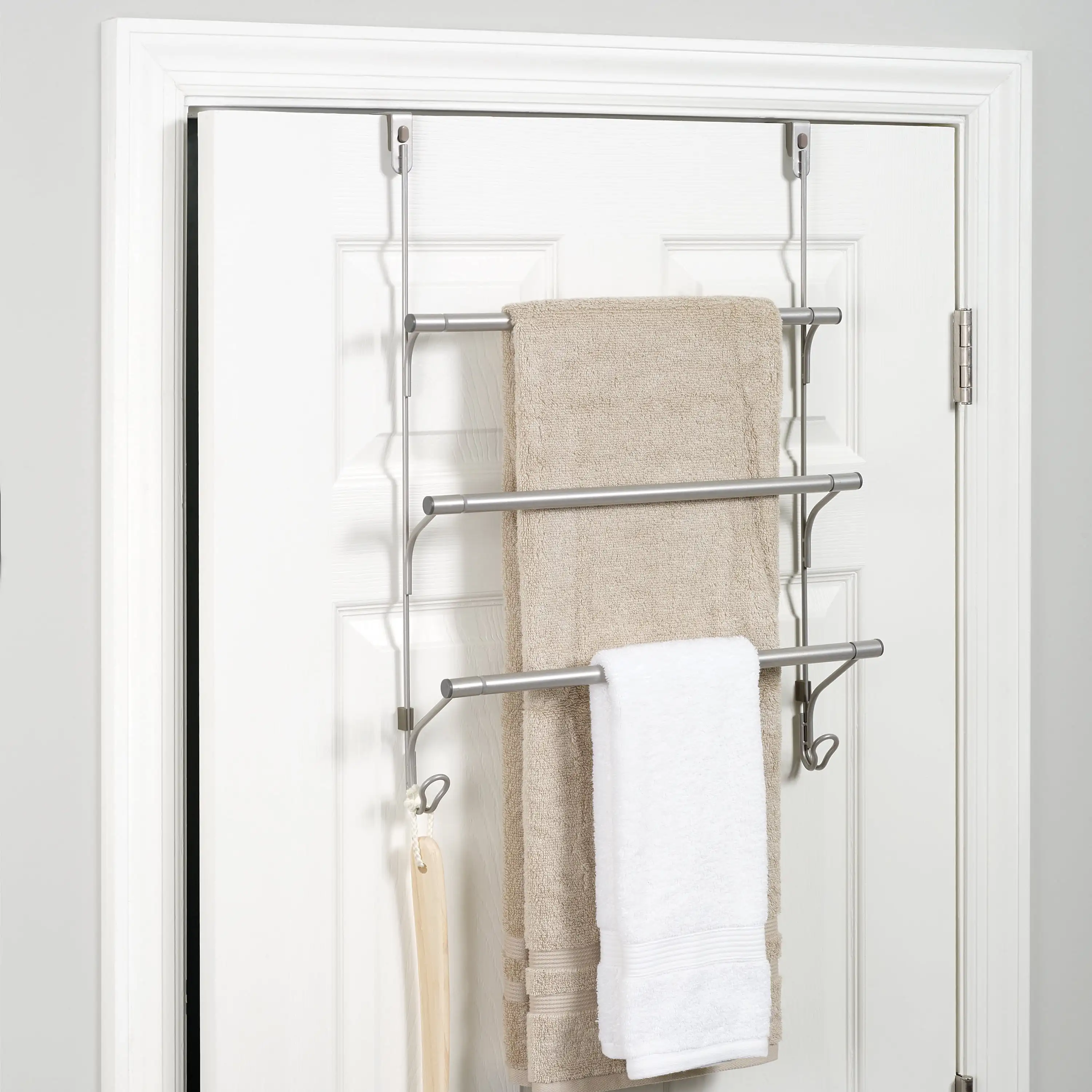 

Mainstays SnugFit Over-the-Door 3-Tier Towel Bar with 2 Hooks, Satin Nickel