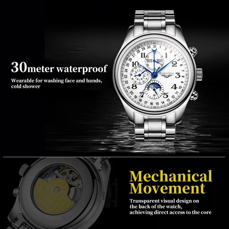GUANQIN Multifunctional Mechanical Automation Men Watches Stainless Steel Waterproof Moon Phase Watch Sapphire Mirror Wristwatch Mechanical Watch