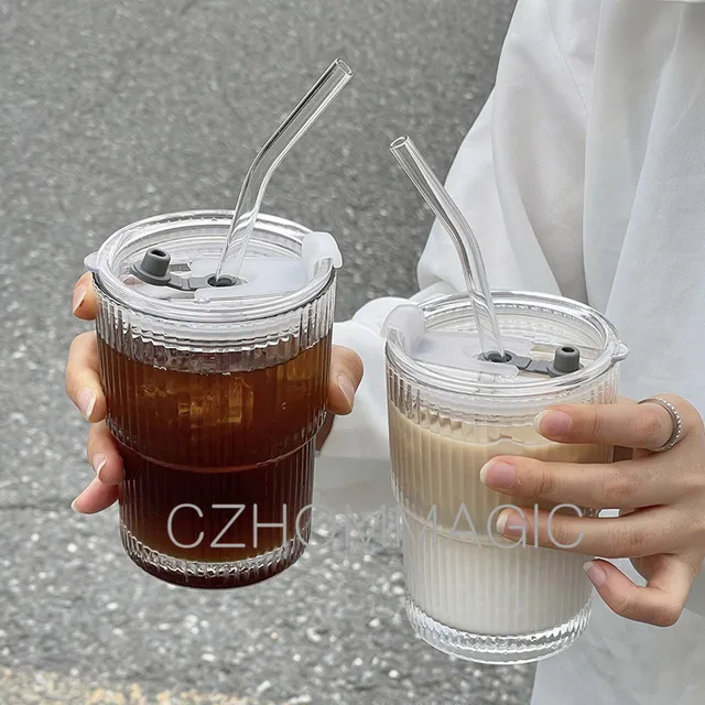 400ml Stripe Coffee Glass Cup With Lid and Straw Transparent Bubble Tea Cup  Ribbed Glass Juice Milk Breakfast Iced Coffee Mug - AliExpress