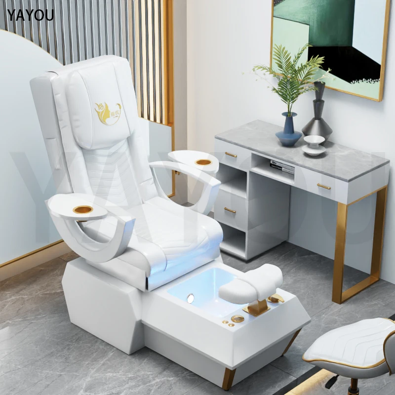 Pedicure Chair, Luxurious White Leather Massage Foot Therapy, Spa Massage Chair, Nail Salon Beauty Furniture