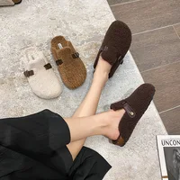 High Quality Lamb fur slippers women round toe buckle belt plush pantuflas female cork winter slides shoes woman furry slippers - Image 5
