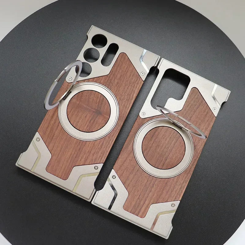 Luxurious Walnut Wood Phone Case with Metal MagSafe Wireless Charging and Ring Holder