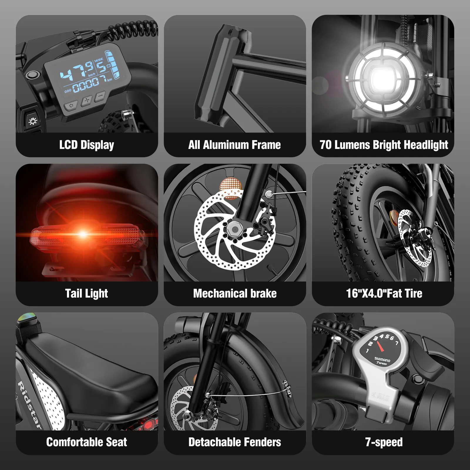 Ridstar Q16 Electric Bike for Adults 1500W 48V 20AH Electric Motorcycle 16" Fat Tire Dirt Bike City Commuter Ebike 7Speed UL2849