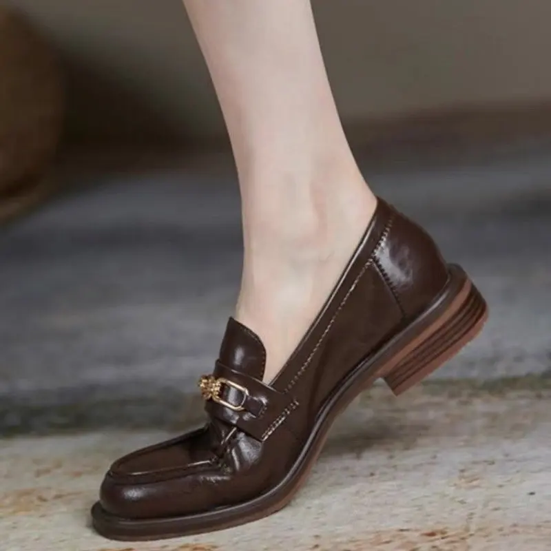 2024 NEW English Style Spring Split Leather Women Shoes Casual Slip-On Loafers Square Toe Chunky Heel Shoes Woman Pumps Handmade