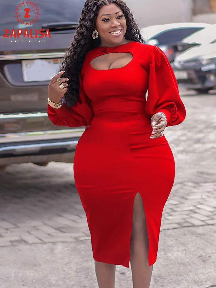 

Elegant Solid Color Pencil Dress for Women Split Hollow Out Design Zipper Decor O-Neck Puff Sleeve High Waist Slim Hip Dress