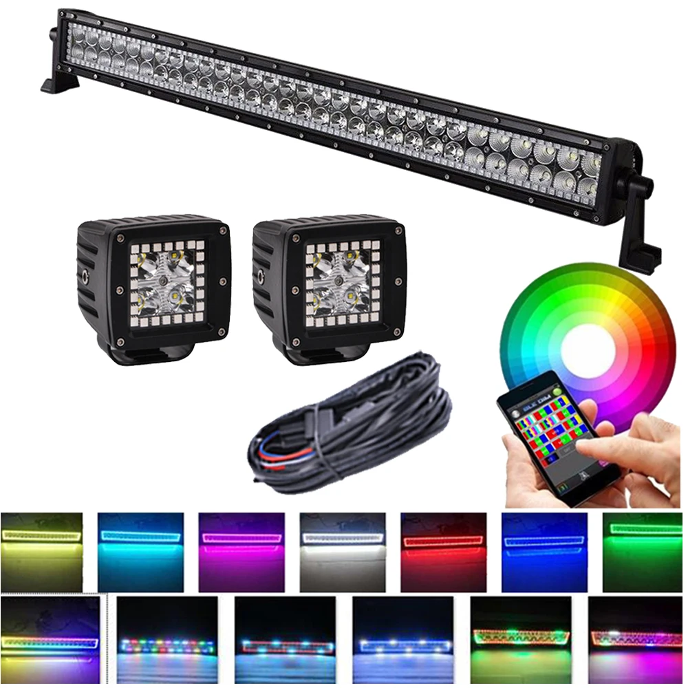 13.5/20/22/32/42/50 Inch Led Light Bar + 2pcs 3inch Spot Pods With Rgb