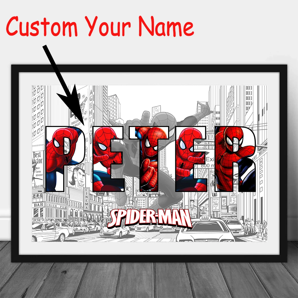 Póster personalizado con nombre, palabra, personaje de Spiderman, pintura  en lienzo de superhéroes, impresiones artísticas de pared, regalos para  niños| | - AliExpress