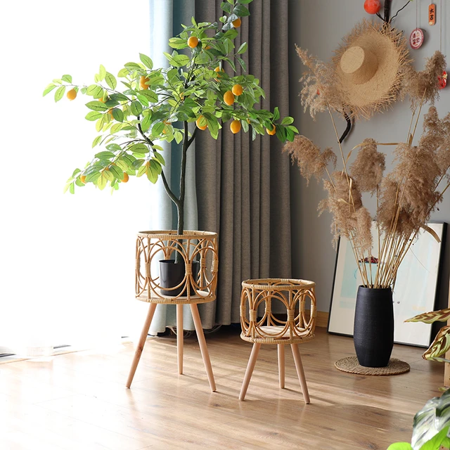 Macetas tejidas con soporte, macetas tejidas de mimbre de ratán, soporte de  bambú para plantas, maceta de madera para sala de estar interior