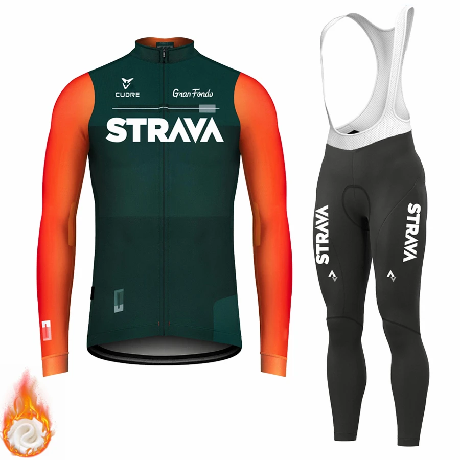 Winter Cycling Clothing STRAVA 2024 New Men's Long Sleeves Cycling Jersey Set Winter Thermal Fleece Road Bike Cycling Clothing 2