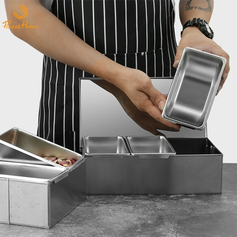 PizzAtHome 3/4/5/6 Section Seasoning Jar Stainless Steel Ingredients Box Cheese Sauce Salt Sugar Spice Baking Tool