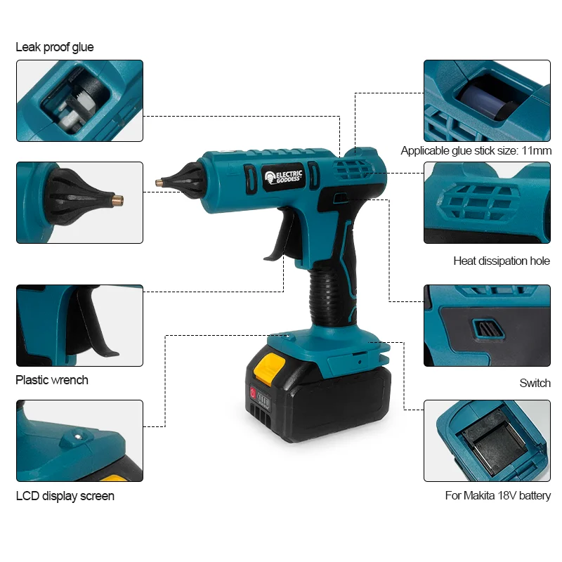 EGOD100W Cordless Hot Melt Glue Gun Lithium Battery Multifunction DIY Glue Gun with 11MM Stick for Makita 18V Battery