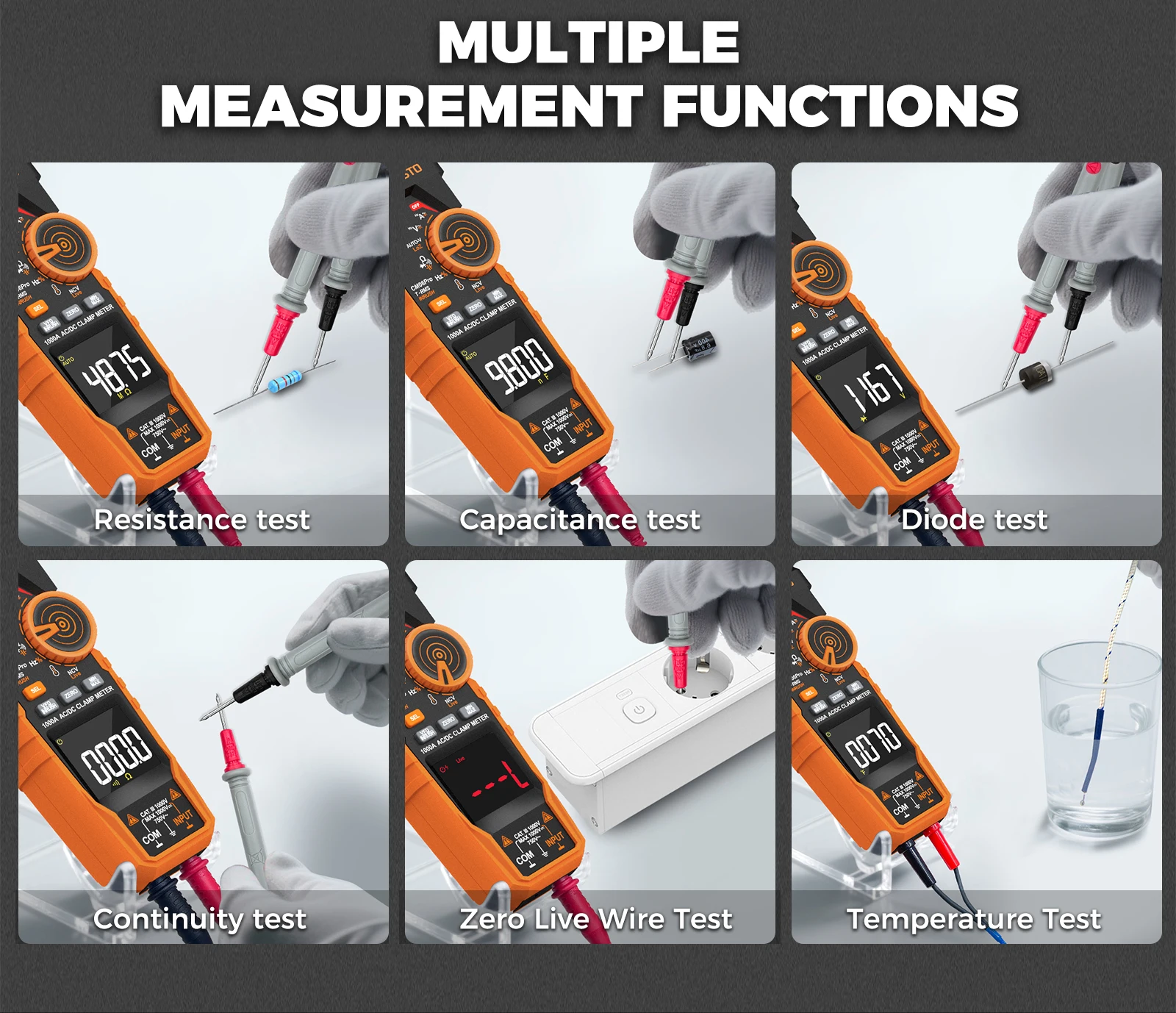 CM06/CM06Pro Auto-ranging Clamp Meter 600A/1000A True RMS Inrush AC DC Voltage Tester Digital Multimeter Ammeter Ohm Capacitance Frequency Temp NCV VFD LoZ Duty Cycle Resistance Diode Continuity with Case Flashlight Test Leads