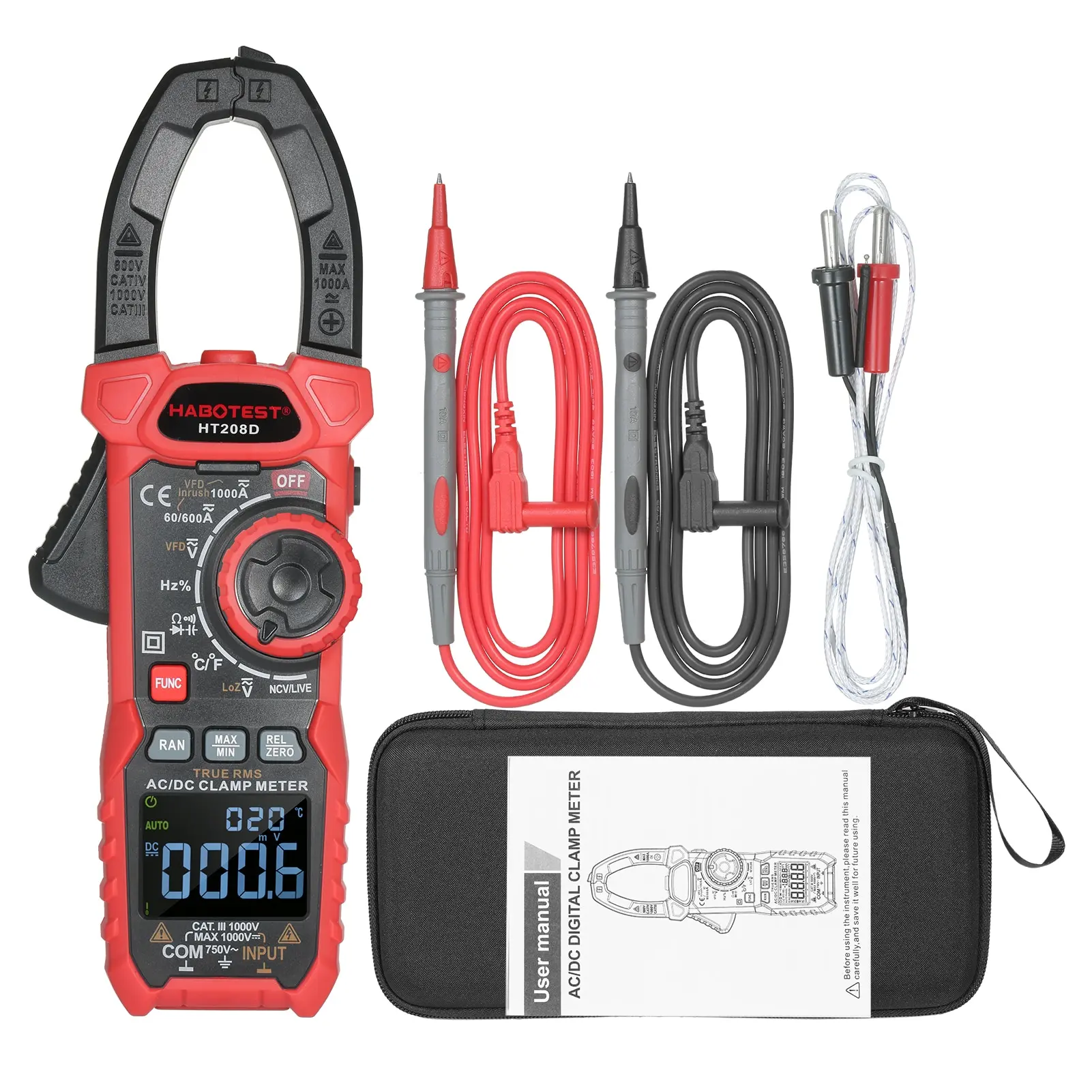 HABOTEST HT208D AC/DC Digital Clamp Meter True-RMS Multimeter Anto-Ranging Tester Current Clamp with Amp Volt Ohm Diode digital multimeter clamp meter