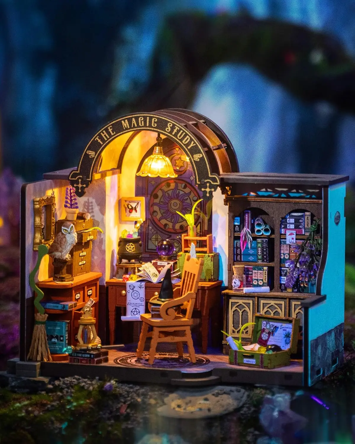 Robotime Magic Study DIY Miniature House Kit with LED and Furniture Wooden Dollhouse Model Building Kit Gift for Children Adults 6