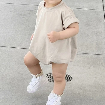 Unisex Baby Boy Girl Solid Color Short Sleeve Bubble Romper Oversized T-Shirt Bodysuit Top Summer Baby Jumpsuits Clothes 1