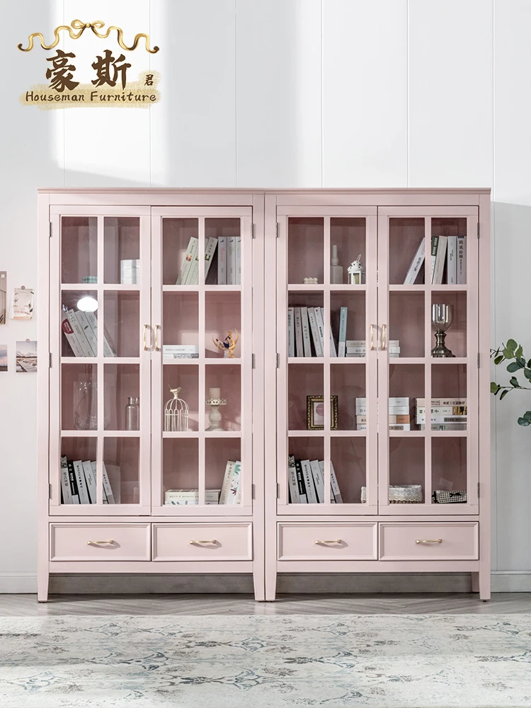 

Bookcase Dust Belt Glass Door Floor-Standing Rack Bookshelf Pink Storage High Cabinet Solid Wood Bookcase