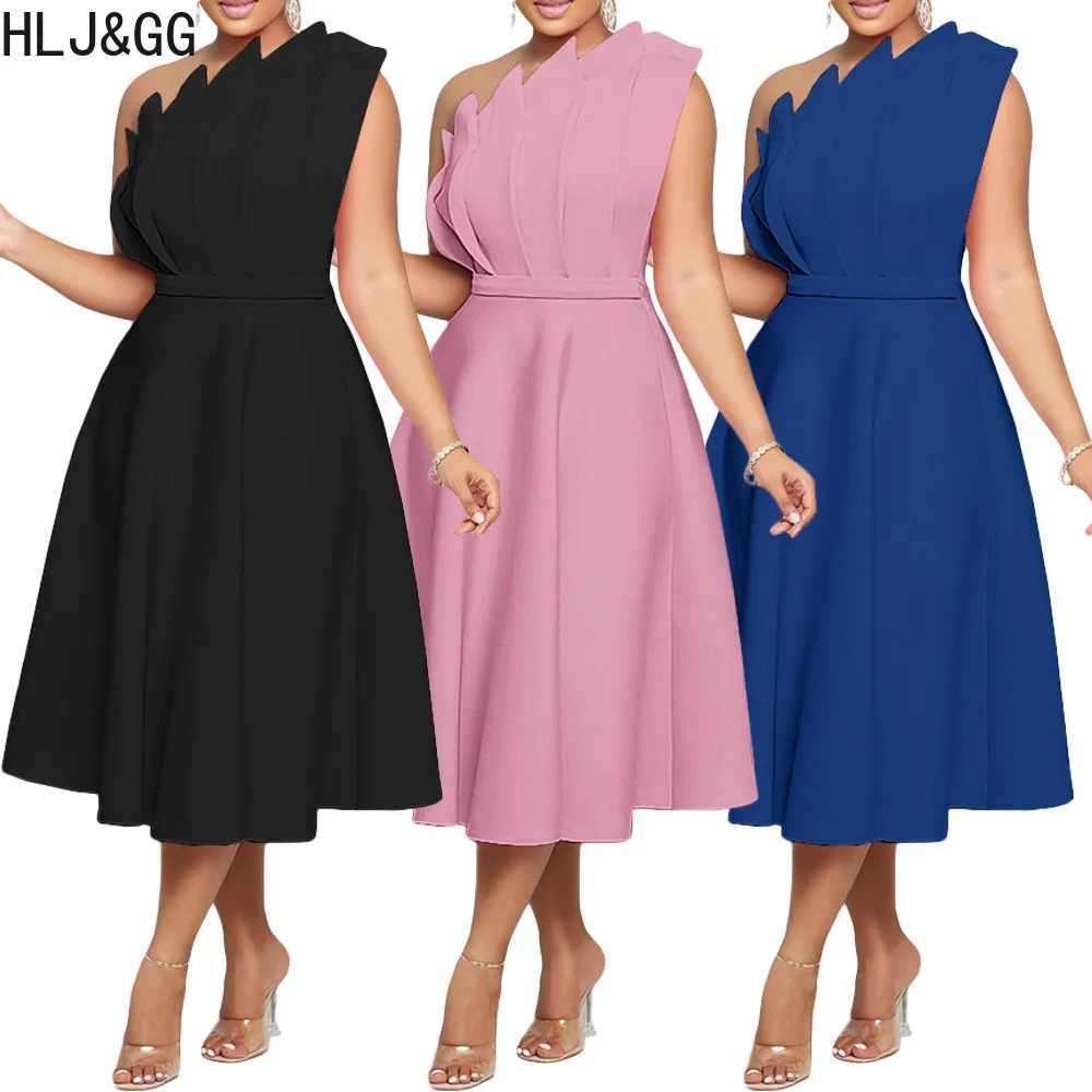 

HLJ&GG Elegant Lady Solid Color One Shoulder Sleeveless A-line Dress Women Ruched Loose Large Skirt Hem Vestidos Spring Clothing