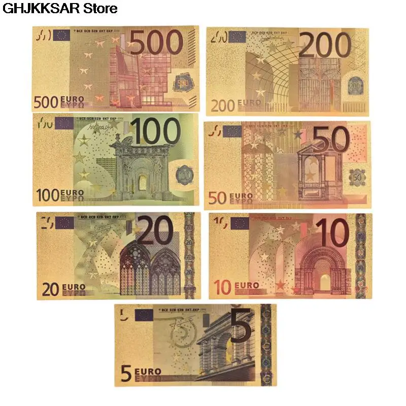 7pcs/lot 5 10 20 50 100 200 500 EUR Gold Banknotes in 24K Gold Fake Paper Money for Collection Euro Banknote Sets