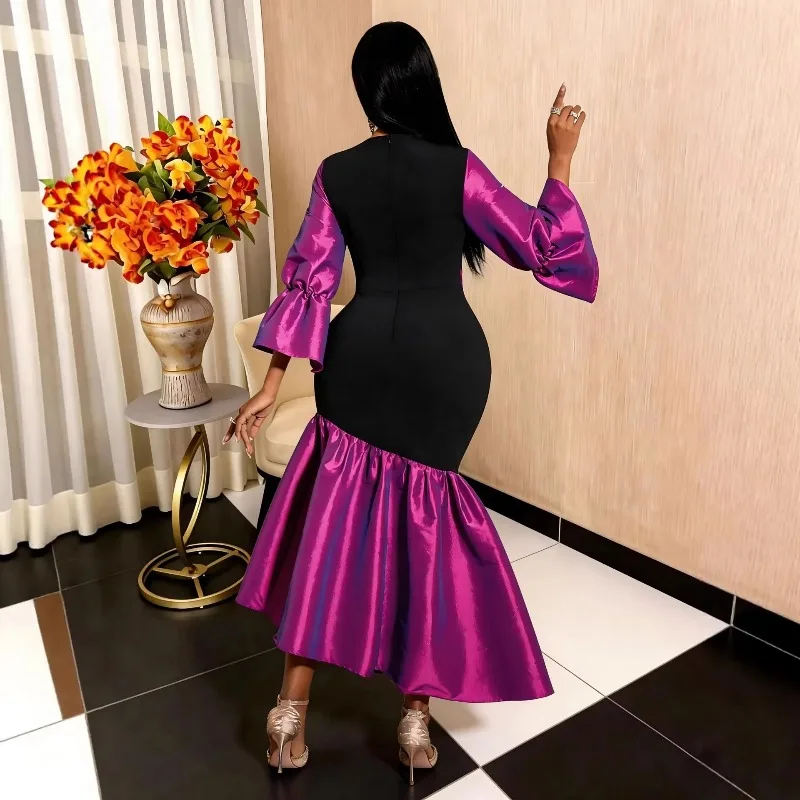 Elegant Dress Women for Wedding Party 2026 Summer Fashion African Women Long Sleeve V-neck Polyester Long Dress Africa Clothing - 3