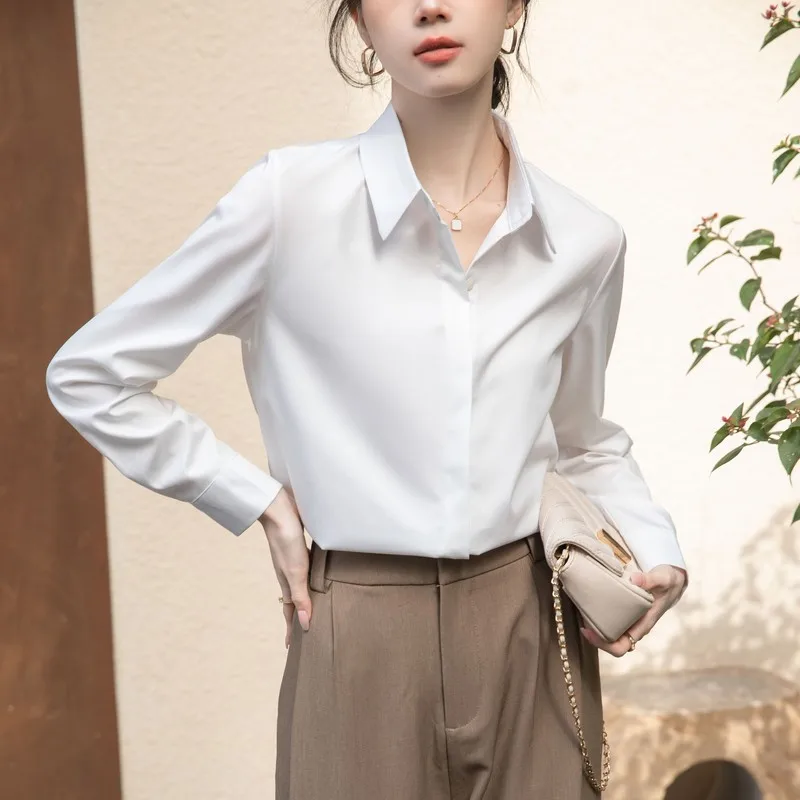 Women Simple Anti-Wrinkle Breathable White Shirts Spring Summer Solid Formal Loose Comfortable Blouses Fashion Casual Tops