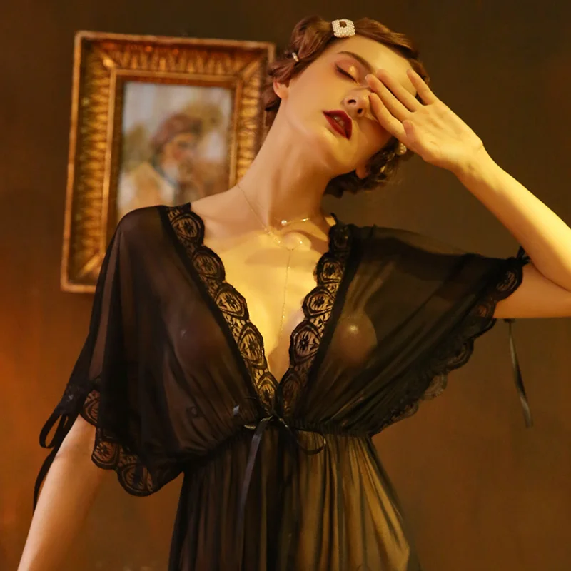 

Loose Evening Wear Sexy Night Gowns with Thong Women Sleepwear Backless Mesh Lace Fabric Wedding Use Young Girl New