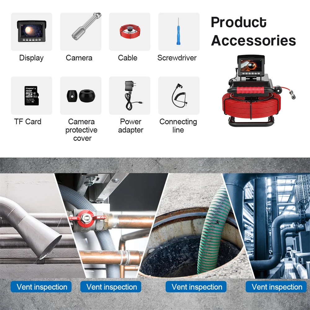 4.3" Screen Pipe Inspection Camera 5600mA Battery IP68 1200TVL Drain 17MM/22MM Sewer Pipeline Industrial Endoscope 20M/30M/50M 6