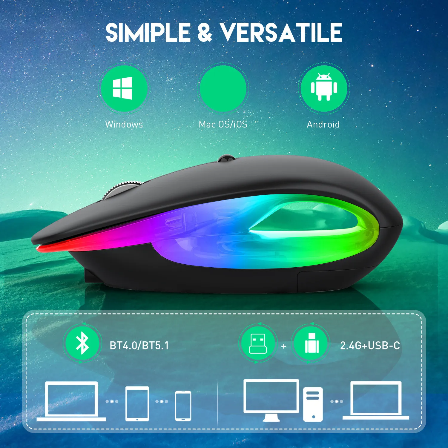 2400DPI RGB 2.4G Bluetooth Mouse Wireless Ergonomic Design Type-C Gaming Mouse Mice for Windows IOS Android 2022 white computer mouse