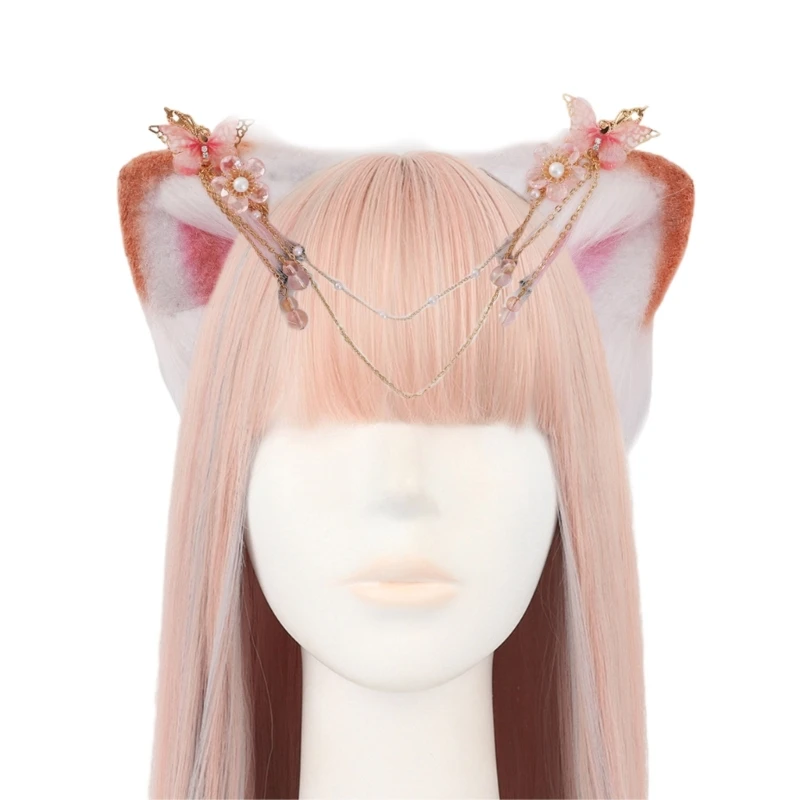 

Chinese Style Kitten Ear Shape Headband with Forehead Chain Carnivals Halloween Girls Taking Photo Flower Hairband