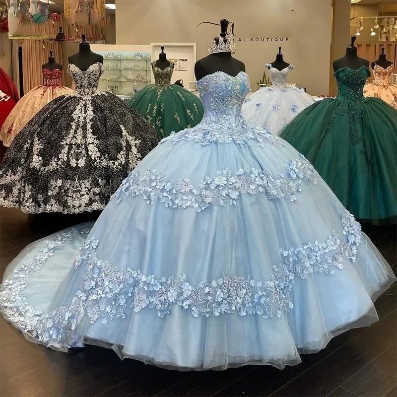 

Бальное платье принцессы, платья для Quinceanera, женское синее платье 15 лет, милое платье для выпускного вечера с аппликацией сердечком 16