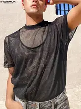 

Handsome Well Fitting Men's Camiseta Breathable Mesh Stylish Male Fake Two-piece Short-sleeved T-shirts S-5XL INCERUN Tops 2022