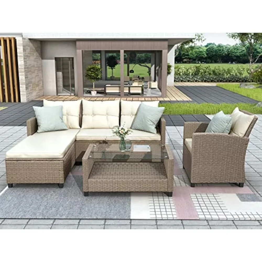

4 Piece Outdoor Furniture Set, Wicker Rattan Sofa with Glass Table, Chaise Lounge and Garden Backyard Chair, Beige