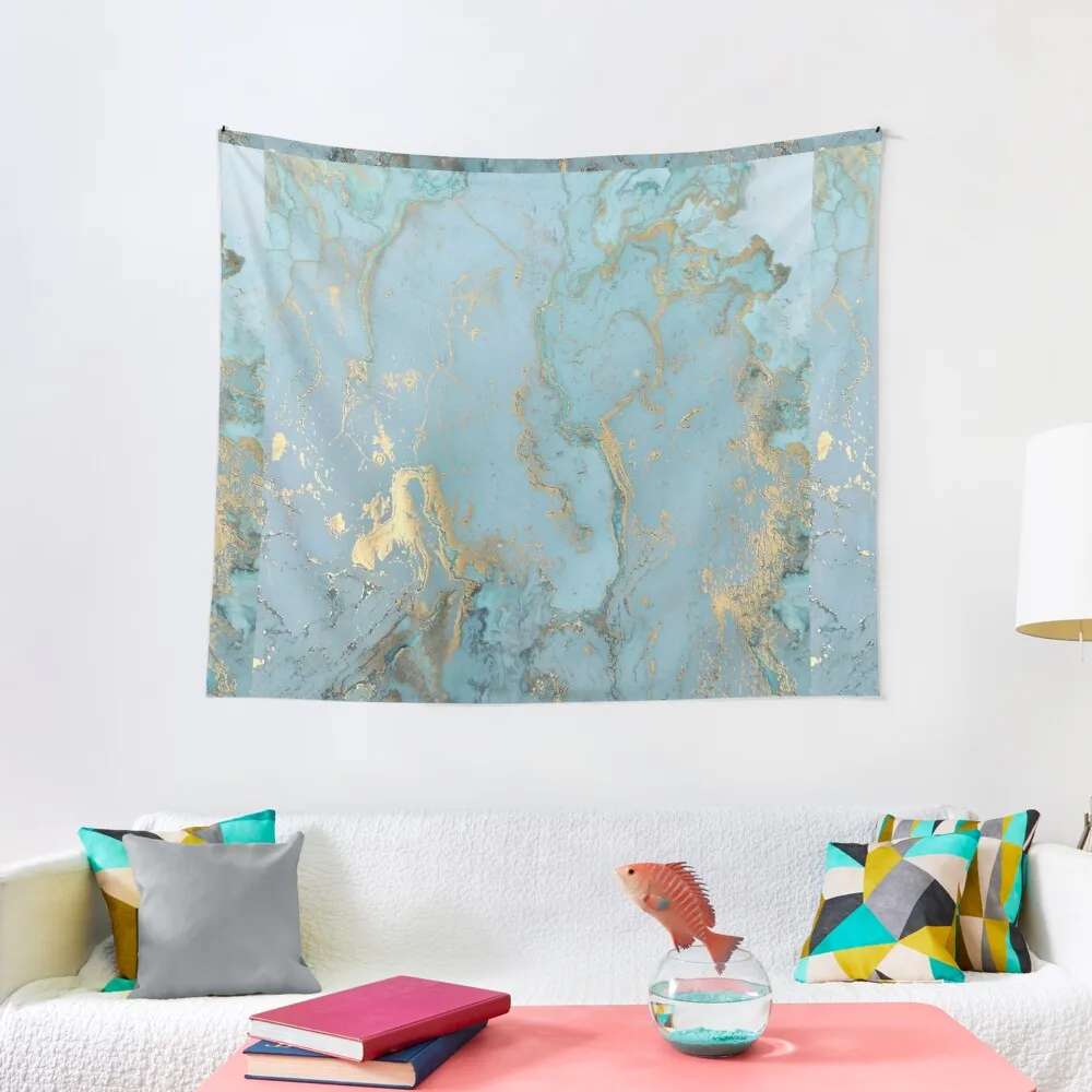 

Marble Design - Gold Effect - Turquoise Blue, Teal Marbling Tapestry Wall Hanging Wall Hanging Decor