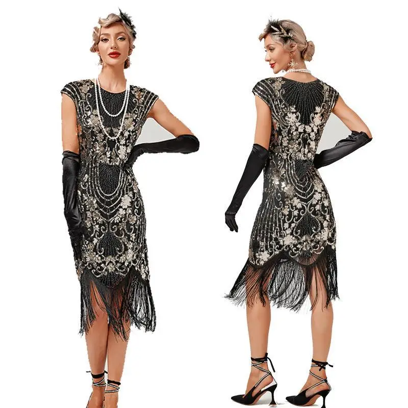 

Women 1920s Vintage Great Gatsby Dress Double O-Neck Sleeveless Beaded Sequin Tassel Dress Art Deco Flapper Dress for Party