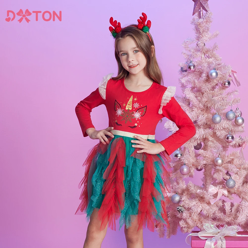 Dxton festliches kleid für mädchen winter party prinzessin kleid fliegende ärmel rot neujahrs kinder kleider elegante kinder kostüme