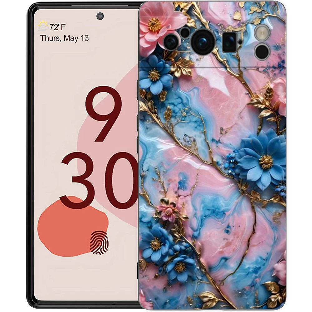 Elegant Flower Marble Design Shockproof Phone Case - Soft TPU Black Cover