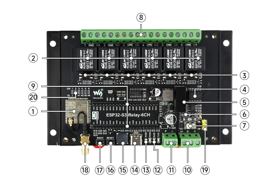 ESP32-S3-Relay-6CH  6 ä ESP32-S3   , , , RS485  ,  Ʈ ̽