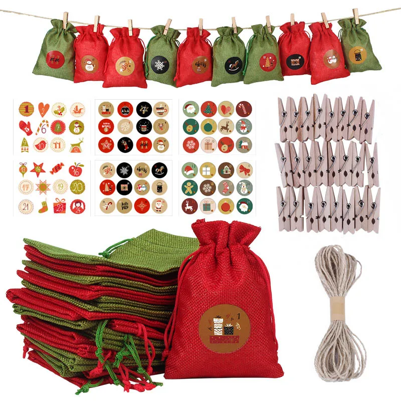 24Days Advent Calendar Bags DIY Paper Sticker Drawstring Gift Bag with Clip New Year Christmas Countdown Advent Bag navidad