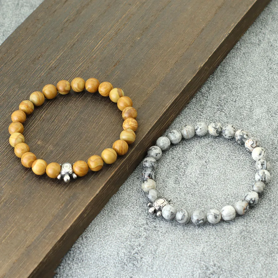 Natural Stone Beaded Stainless Steel Turtle Bracelet for Men