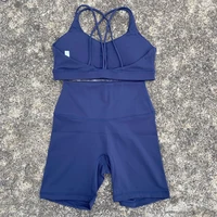 Solid Color Soft Women Gym Yoga Short Cycling Set Cross Back Gym  Bra+High Waist Short Leggings High impact shockproof Sportwear