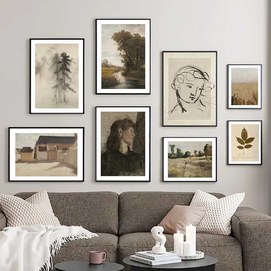 

Tree House Figure Grass Landscape Vintage Oil Painting Drawing Wall Art Canvas Posters And Prints Living Room Home Decoration